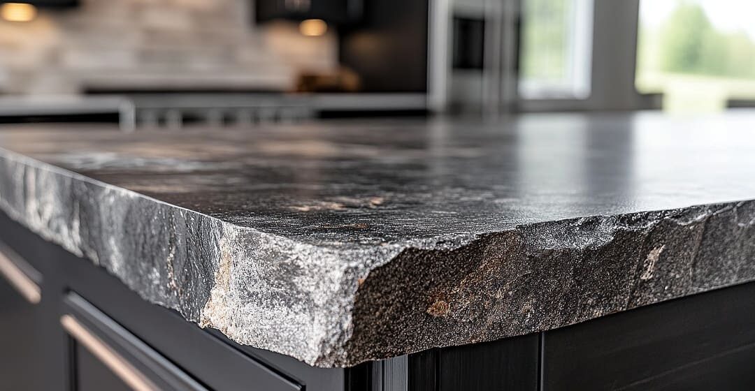 Bancada de cozinha feita com pedra natural escura, de acabamento rústico nas bordas, sobre armário preto com puxadores metálicos.