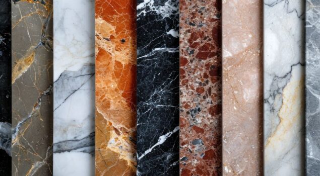 Várias amostras verticais de diferentes tipos e cores de mármore.