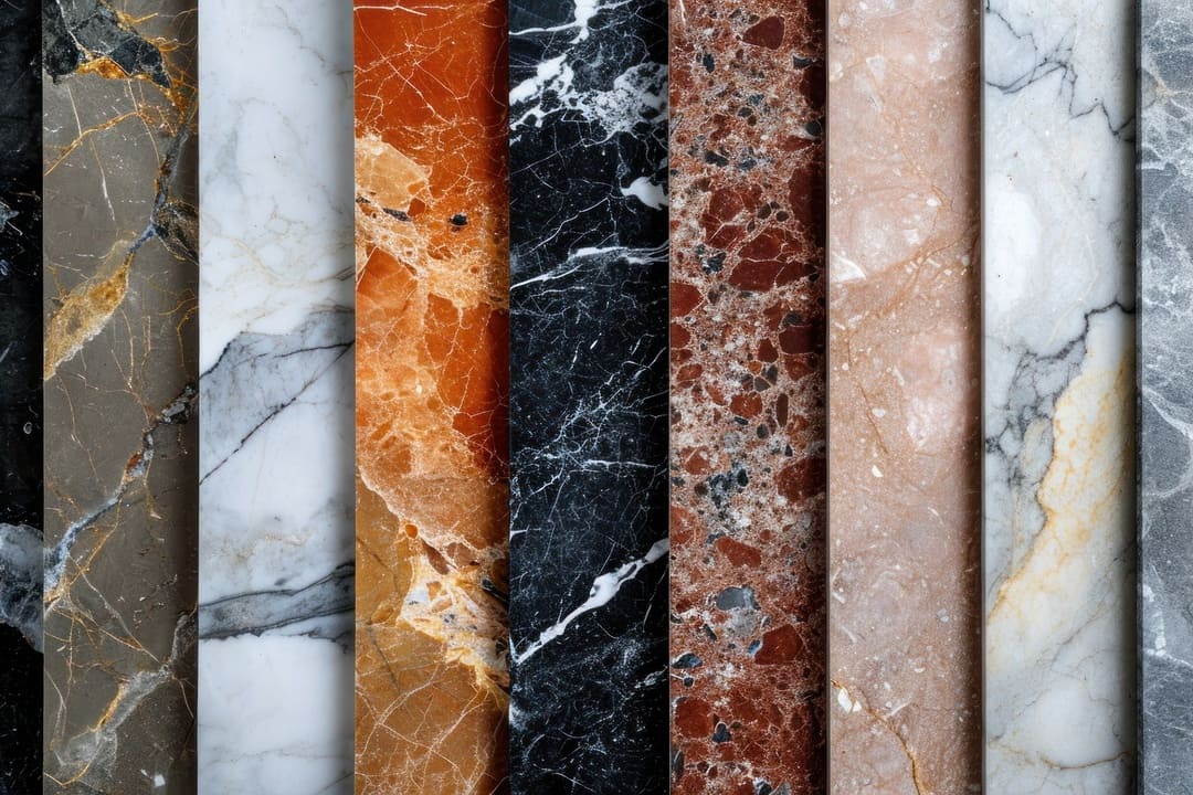 Várias amostras verticais de diferentes tipos e cores de mármore.