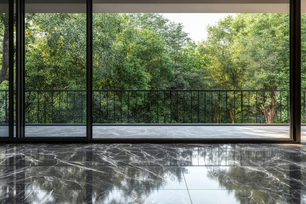 Piso interno de m&aacute;rmore preto com veios brancos, refletindo luz natural vinda de portas de vidro que d&atilde;o vista para &aacute;rvores verdes.