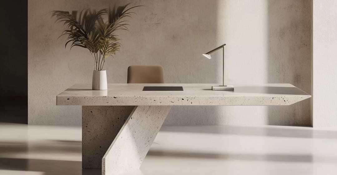A imagem mostra um escritório com uma decoração minimalista, destacando uma mesa de concreto de design moderno. A mesa é composta por linhas simples e está vazia, exceto por uma luminária metálica e um vaso com folhas verdes no canto esquerdo. A parede ao fundo é de um tom neutro, complementando o estilo minimalista e sofisticado do ambiente. A luz natural entra pelo lado direito, criando sombras suaves e realçando a textura dos elementos na cena.