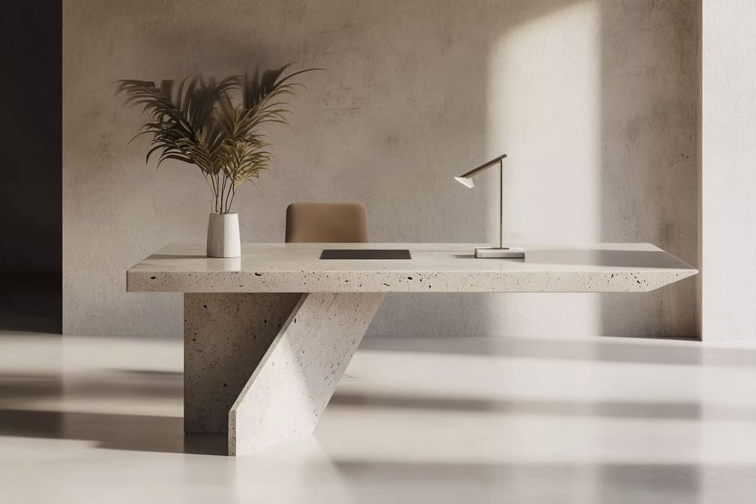 A imagem mostra um escritório com uma decoração minimalista, destacando uma mesa de concreto de design moderno. A mesa é composta por linhas simples e está vazia, exceto por uma luminária metálica e um vaso com folhas verdes no canto esquerdo. A parede ao fundo é de um tom neutro, complementando o estilo minimalista e sofisticado do ambiente. A luz natural entra pelo lado direito, criando sombras suaves e realçando a textura dos elementos na cena.