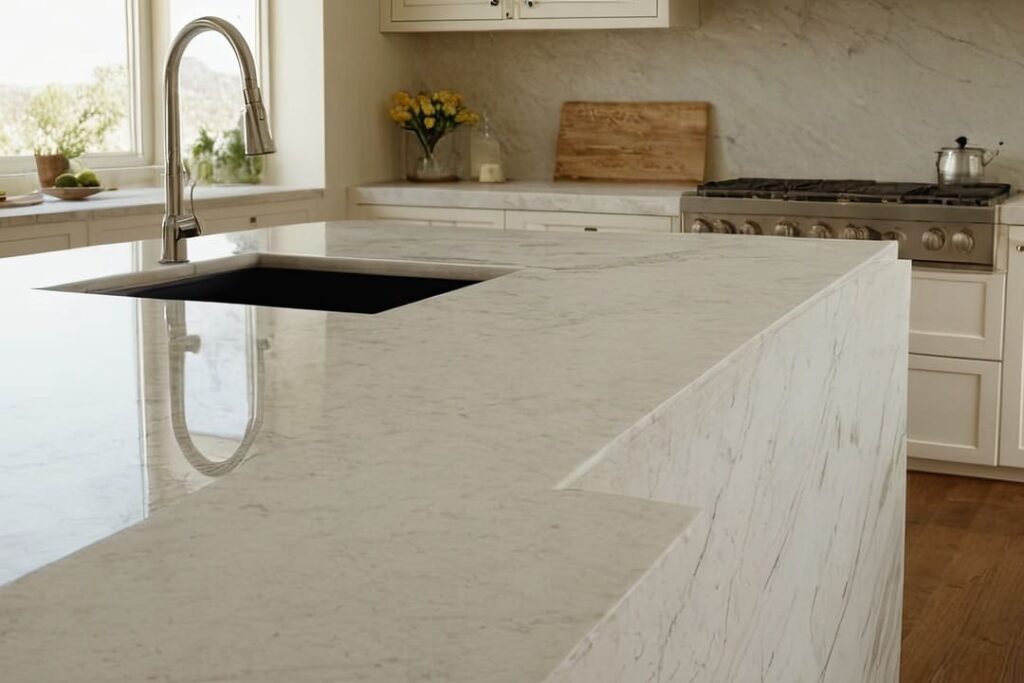 Cozinha sofisticada com bancada de m&aacute;rmore branco, pia embutida com torneira de a&ccedil;o inox e arm&aacute;rios claros, transmitindo eleg&acirc;ncia e minimalismo.