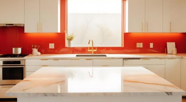 Cozinha moderna com armários brancos, bancada de mármore clara, detalhes dourados e parede vermelha vibrante iluminada por luz natural da janela.