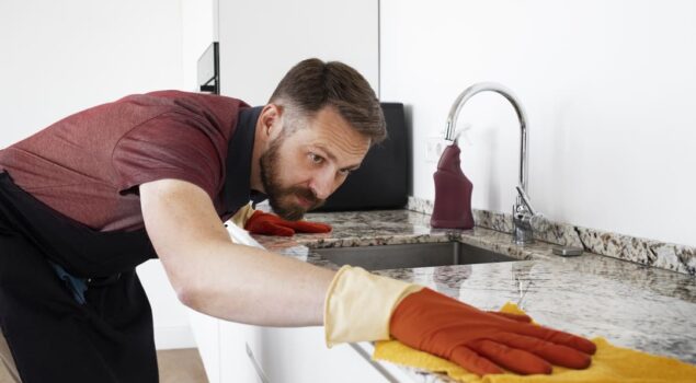 Homem usando luvas de limpeza laranja e um avental preto, limpando atentamente uma bancada de granito em uma cozinha moderna.