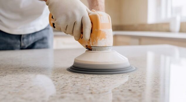 Pessoa utilizando politriz elétrica para polir superfície de mármore em bancada de cozinha
