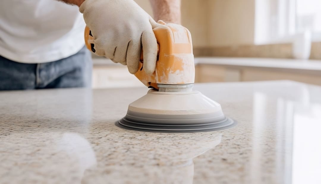 Pessoa utilizando politriz elétrica para polir superfície de mármore em bancada de cozinha