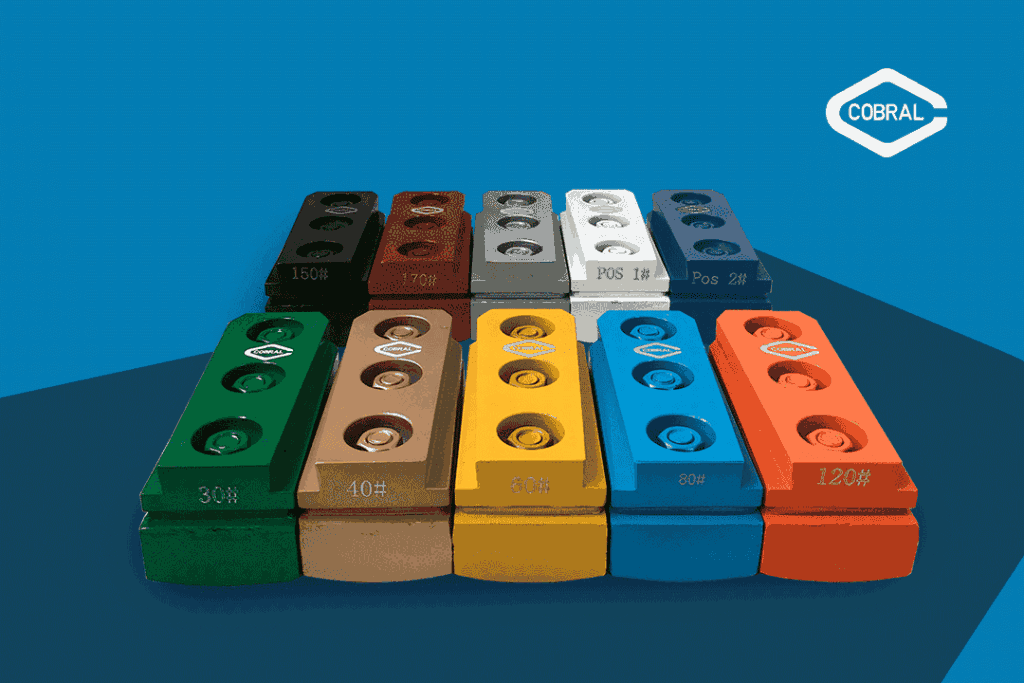 Imagem com abrasivos coloridos, alinhados lado a lado, representando diferentes n&iacute;veis de granulometria. As pe&ccedil;as s&atilde;o utilizadas em etapas progressivas de polimento, desde o desbaste inicial at&eacute; o acabamento final.