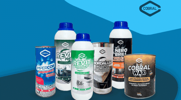 Seis produtos da marca Cobral dispostos sobre fundo azul, incluindo impermeabilizantes, protetores, ceras e revitalizadores de superfícies.