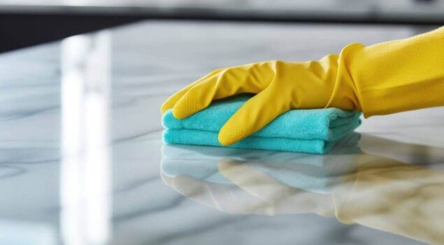 Mão com luva amarela limpando bancada de pedra com um pano azul, representando o processo de impermeabilizar pedras para proteger a superfície.