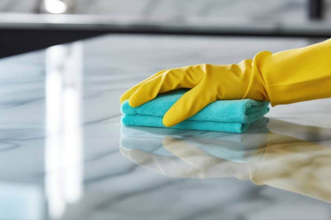 Mão com luva amarela limpando bancada de pedra com um pano azul, representando o processo de impermeabilizar pedras para proteger a superfície.