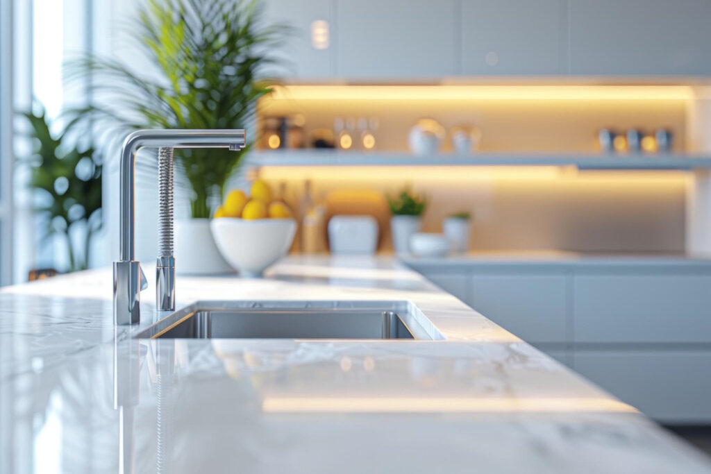 Bancada de cozinha em pedra branca marmorizada com destaque para o acabamento polido do recorte da pia e torneira cromada moderna.