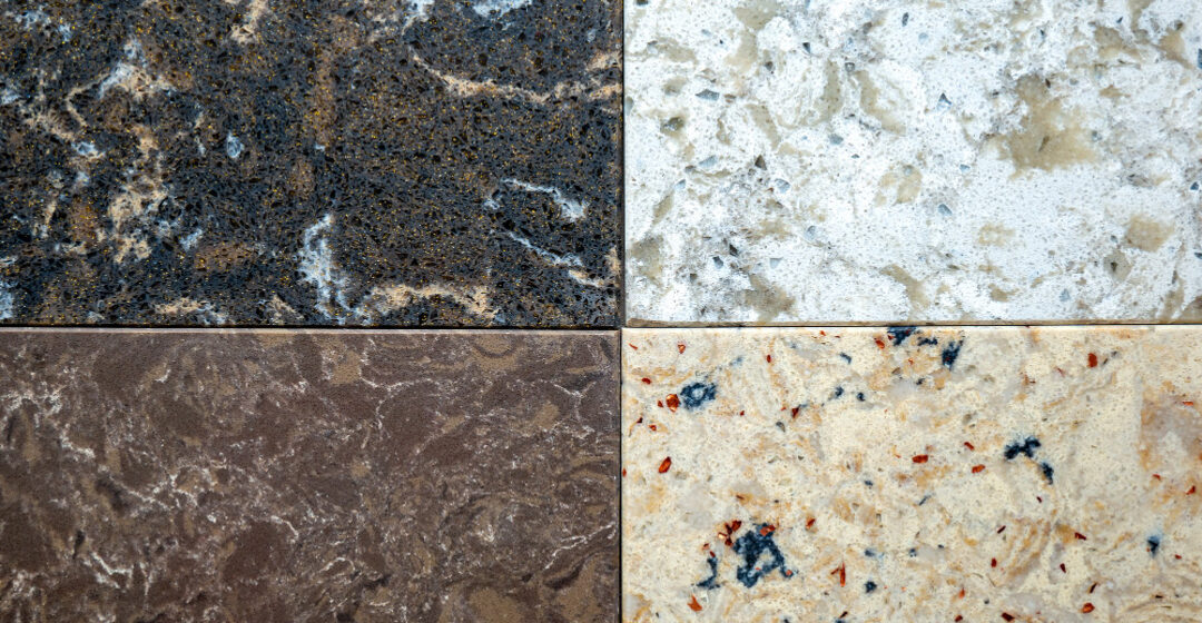 Comparativo de superfícies de pedras naturais com diferentes acabamentos e texturas, destacando variações de cor, granulação e uniformidade após processos de polimento.