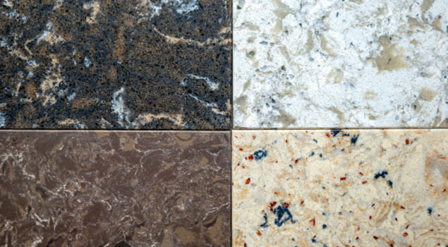 Comparativo de superfícies de pedras naturais com diferentes acabamentos e texturas, destacando variações de cor, granulação e uniformidade após processos de polimento.